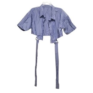 Short Sleeve Stripe Shirt Snap Front Buckle and Crop Waist Detail Street Wear